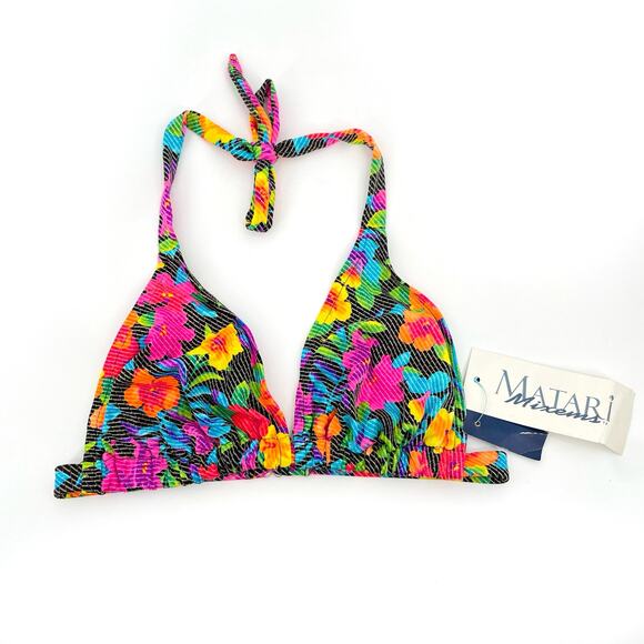 Vintage 90s Matari Mixems Neon Floral Rainbow Triangle Bikini Halter Top Size L - Picture 1 of 8